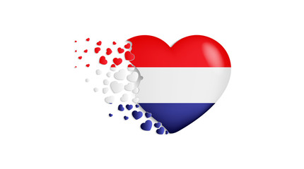 National flag of Netherlands in heart illustration. With love to Netherlands country. The national flag of Netherlands fly out small hearts