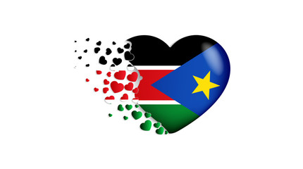 National flag of South Sudan in heart illustration. With love to South Sudan country. The national flag of South Sudan fly out small hearts