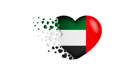 National flag of United Arab Emirates in heart illustration. With love to United Arab Emirates country. The national flag of United Arab Emirates fly out small hearts
