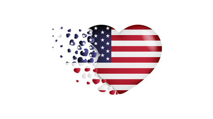 National flag of USA in heart illustration. With love to USA country. The national flag of USA fly out small hearts
