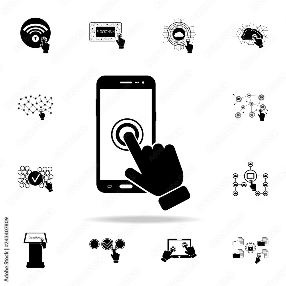 Poster the click on the screen mobile phone icon. detailed set of digital touch icons. premium graphic desi