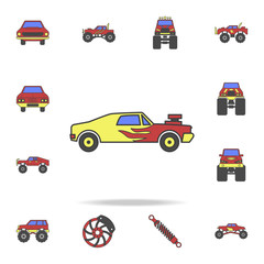 Rennsport-Muscle-Car-Feld Coloricon. Detaillierter Satz farbiger Big Foot-Autosymbole. Premium-Grafikdesign. Eines der Sammlungssymbole für Websites, Webdesign, mobile App
