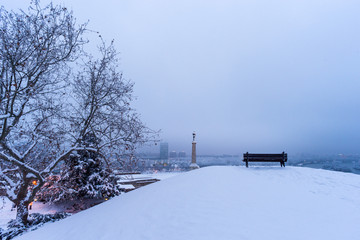 Fototapeta na wymiar View of Kalemegdan Park in Belgrade the capital of Serbia in Europe during snow in winter