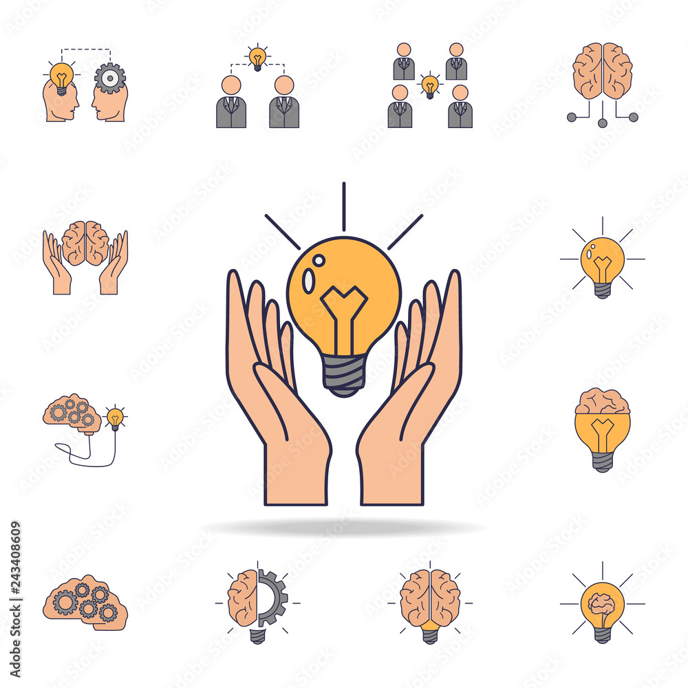 Poster hands and a light bulb fild color icon. detailed set of color idea icons. premium graphic design. on