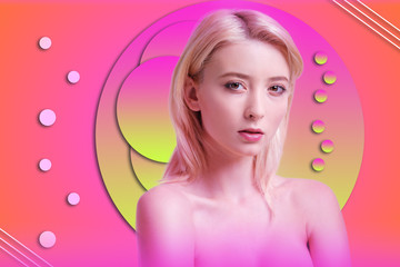 Sad concerned woman voicing opinion on background