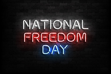 Vector realistic isolated neon sign of Natonal Freedom Day in USA logo for decoration and covering on the wall background.