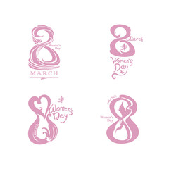 Obraz premium Set label Women's Day. Four dusty pink vector templates symbol of March 8.