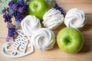 Homemade Apple marshmallow with green apples on wooden background, Homemade Apple marshmallow with...