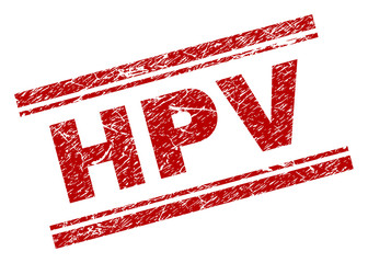 HPV seal print with grunge texture. Red vector rubber print of HPV tag with dust texture. Text tag is placed between double parallel lines.
