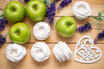 Homemade Apple marshmallow with green apples on wooden background, Homemade Apple marshmallow with green apples on wooden background, white Apple marshmallow