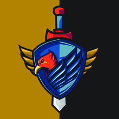 Esport gaming logo with the theme of blue-winged red eagle. With shield defense element