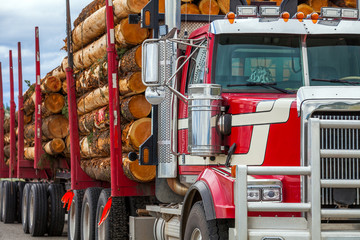 Heavy loaded timber transport truck in British Columbia Canada