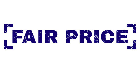 FAIR PRICE title seal print with grunge texture. Text label is placed between corners. Blue vector rubber print of FAIR PRICE with unclean texture.