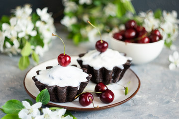 Chocolate cupcake with white icing decorated with fresh cherries on a white plate. Homemade pastries on a gray background. Copy space.