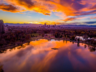 Beautiful Drone Sunset from above City Park in Denver, Colorado