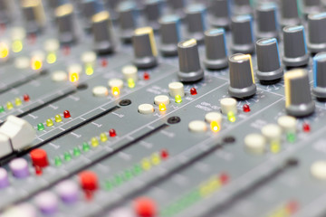 Close up Mixing Console of a big HiFi system, The audio equipment and control panel of digital studio mixer