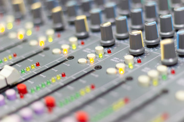 Close up Mixing Console of a big HiFi system, The audio equipment and control panel of digital...
