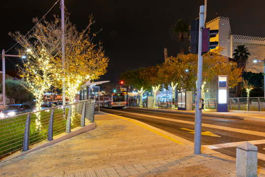Israel Haifa Ben Gurion street decorated for the new year and Christmas 2018