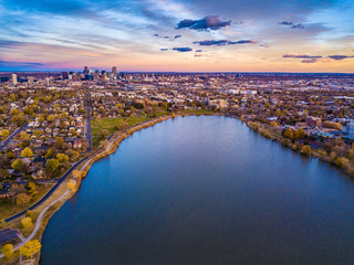 Colorful Drone Sunset at Sloan's Lake in Denver, Colorado 