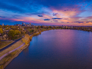 Colorful Drone Sunset at Sloan's Lake in Denver, Colorado 