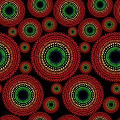 circle wheel Africa tribal chain tattoo seamless pattern and rough texture vector with red yellow and green on dark black background