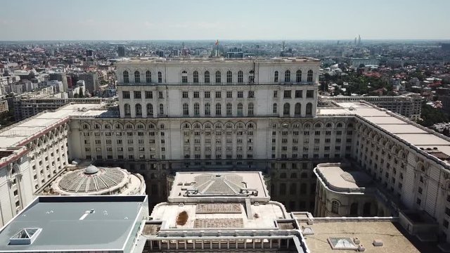 Bottom to Top & close - Palace of the Parliament in Bucharest Romania. 2nd largest administrative building in the world. Summer 2018. Height of 84m 276ft, floor area of 365,000 m2 3,930,000 sq ft