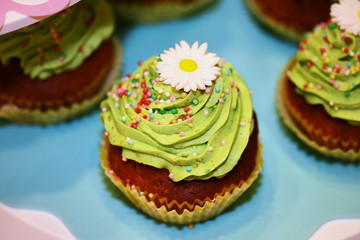 green birthday cupcakes with colorful sprinkles