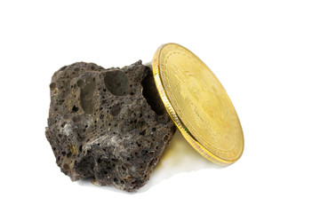 Basalt rock and bit coin isolate on white background
