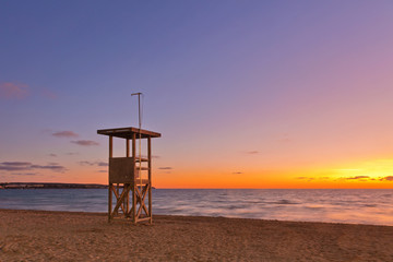 Life Guard Lookout on El Arenal beach near Palma de Mallorca in sunset time