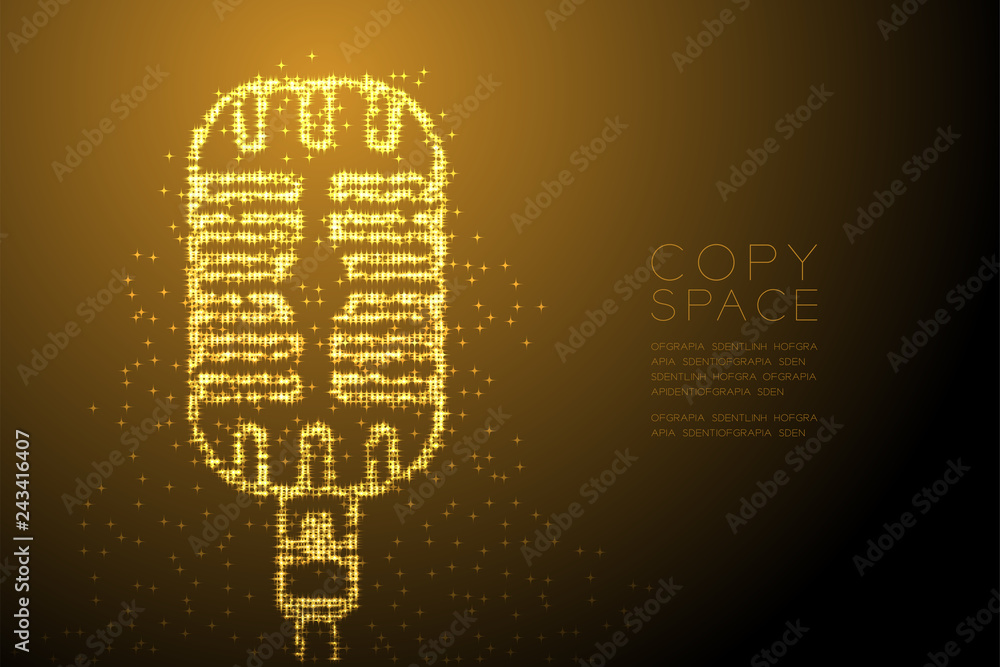 Poster abstract shiny bokeh star pattern retro microphone, music equipment concept design gold color illust