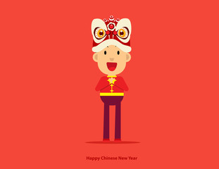 Cute Boy with chinese New Year lion Dance Head. Concept Celebrate vector illustration, Holiday, Isolated.