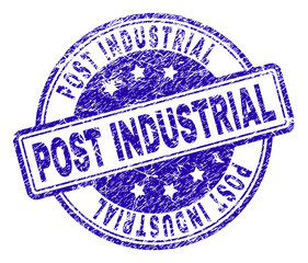 POST INDUSTRIAL stamp seal watermark with grunge effect. Designed with rounded rectangles and circles. Blue vector rubber print of POST INDUSTRIAL label with grunge texture.