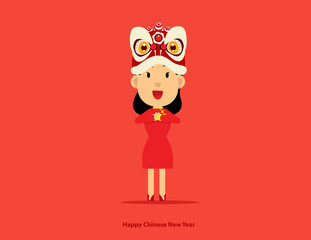 Cute Girl with chinese New Year lion Dance Head. Concept Celebrate vector illustration, Holiday, Isolated.