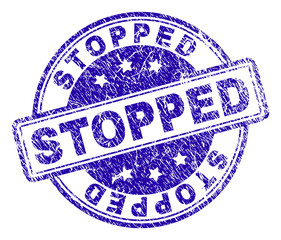 STOPPED stamp seal watermark with grunge texture. Designed with rounded rectangles and circles. Blue vector rubber print of STOPPED text with retro texture.