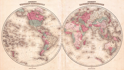 Old Map of the World in Hemispheres, Johnson 1866