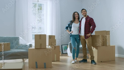 Hy Young Moving Into New Apartment Carrying Cardboard Hy Young Moving Into New Apartment Carrying Cardboard Boxes With Stuff Having Fun Give High Five Boyfriend And Friend Start Living