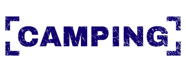 CAMPING title seal print with corroded effect. Text title is placed between corners. Blue vector rubber print of CAMPING with dirty texture.