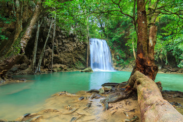 Waterfalls In Deep Forest at Erawan Waterfall in National Park Kanchanaburi Thailand