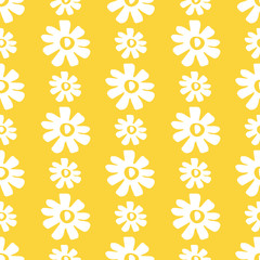 Pretty pop art retro seamless pattern of stylized daisies on a yellow background. Vertical stripes, 1960's flower power design for textiles, stationery, party invitations, home decor and design.