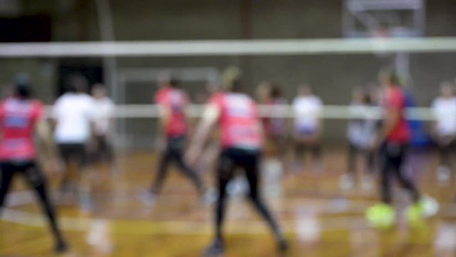 Close of people training volley on a gymnasium court. Moving camera. Blurred effects