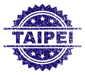 TAIPEI stamp seal watermark with distress style. Blue vector rubber print of TAIPEI title with scratched texture.