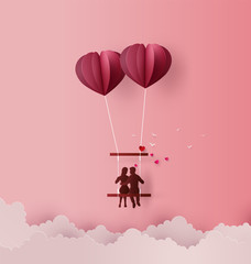 Couple Floating with Heart Balloons in Love Concept