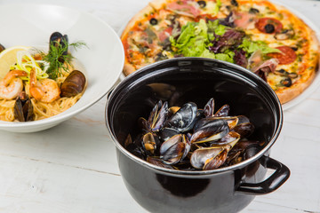 Shellfish Mussels in copper bowl