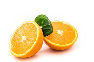 Ripe orange isolated on white background - fresh citrus fruit photography, orange cut in half