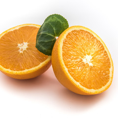 Ripe orange isolated on white background - fresh citrus fruit photography, orange cut in half