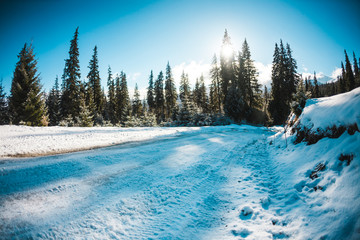 Snow covered mountain road.