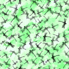 Dragonfly seamless art pattern. dragonfly on green background. Butterfly, moth Graphic Realistic Line Ink Drawing. Hand-drawn illustration. watercolor green abstract paint splash.Trendy art background