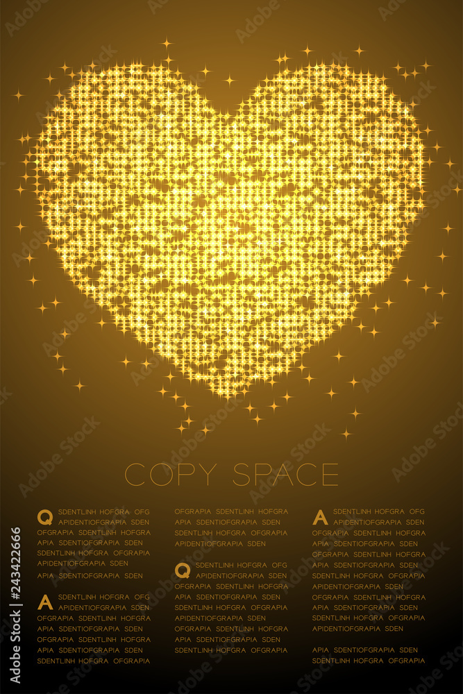 Poster heart icon abstract shiny bokeh light star pattern, valentine's day concept design gold color illust