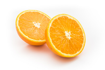Ripe orange isolated on white background - fresh citrus fruit photography, orange cut in half
