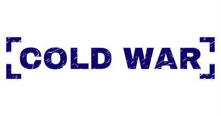 COLD WAR title seal print with grunge texture. Text title is placed inside corners. Blue vector rubber print of COLD WAR with retro texture.